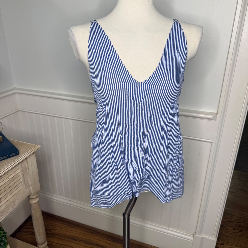 Lulus Blue White Striped Tie Back V-Neck Sleeveless Rayon Tank Top Womens XS